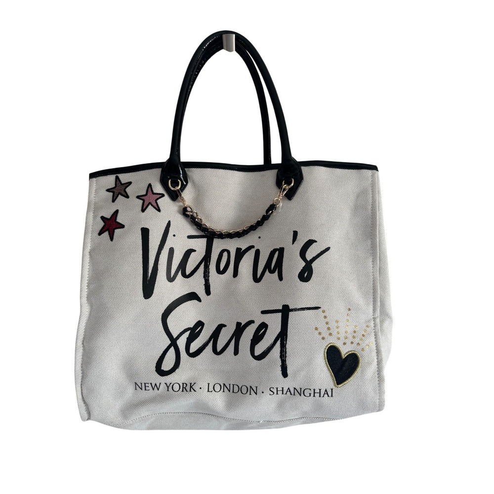 Victorias Secret Canvas Tote Bag Black White Stars Heart Chain Large Shopper